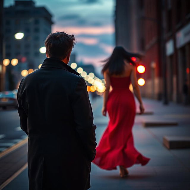 A poignant scene featuring a person standing on a sidewalk, watching a girl in a flowing red dress leave