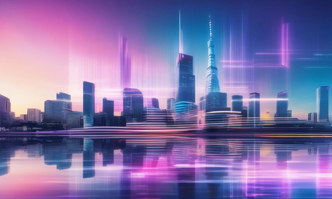 36k wide-angle jazz fusion album cover with long exposure effect, featuring a glitched Tokyo cityscape in pastel colors with floating musical instruments