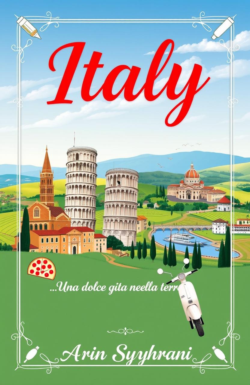 A beautifully designed cover featuring iconic Italian landmarks like the Leaning Tower of Pisa, the Colosseum, and Venice's canals