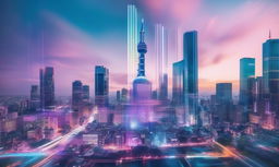 36k wide-angle jazz fusion album cover with long exposure effect, featuring a glitched Tokyo cityscape in pastel colors with floating musical instruments