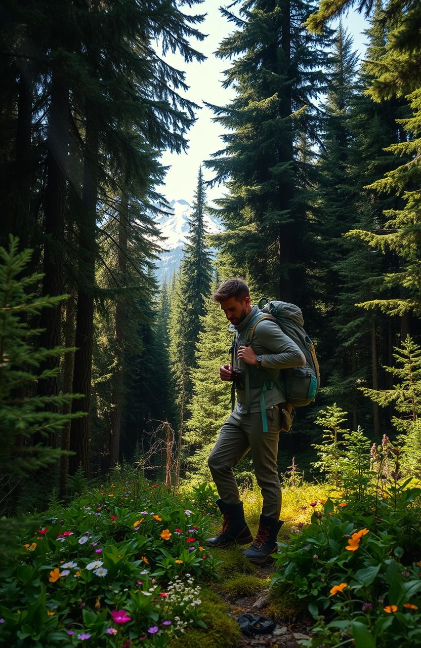 An epic adventurer exploring a dense, lush forest in Canada, surrounded by towering pine trees and vibrant greenery