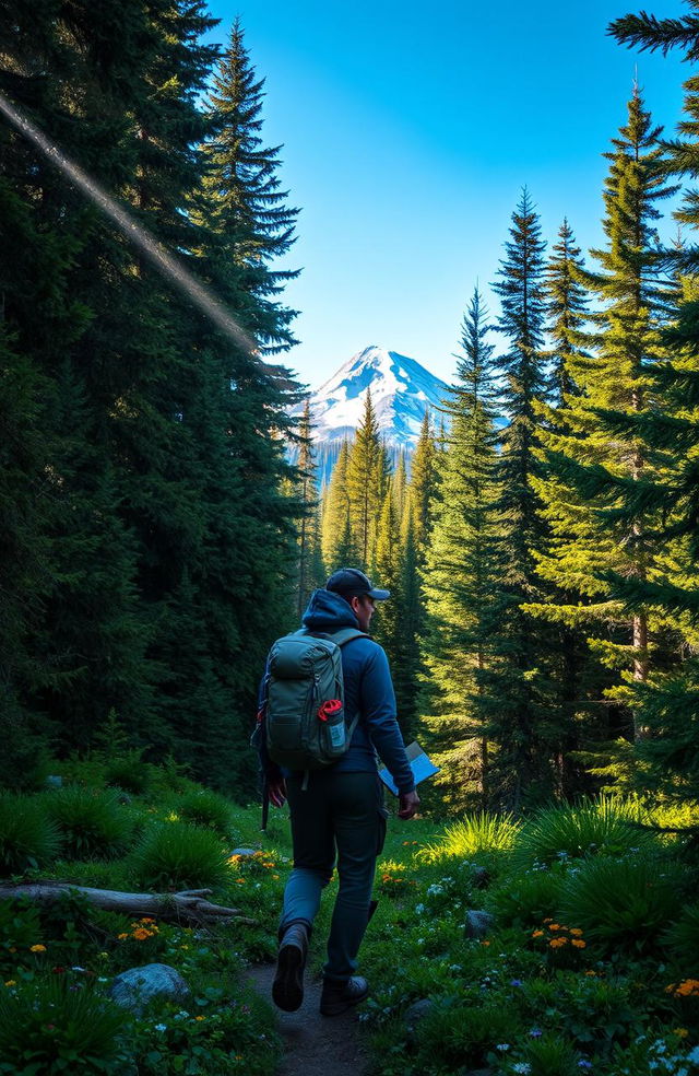 An epic adventurer exploring a dense, lush forest in Canada, surrounded by towering pine trees and vibrant greenery