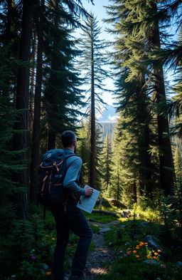 An epic adventurer exploring a dense, lush forest in Canada, surrounded by towering pine trees and vibrant greenery