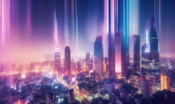 36k wide-angle jazz fusion album cover with long exposure effect, featuring a glitched Tokyo cityscape in pastel colors with floating musical instruments