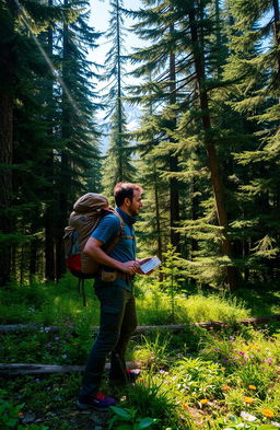 An epic adventurer exploring a dense, lush forest in Canada, surrounded by towering pine trees and vibrant greenery
