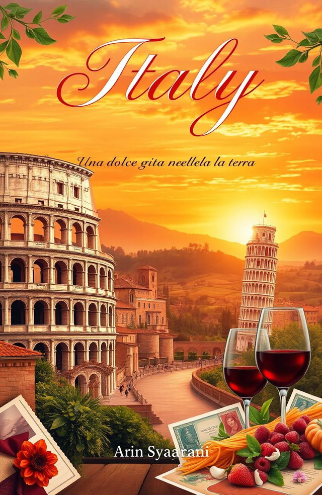 A beautiful book cover design showcasing the essence of Italy, featuring iconic symbols such as the Colosseum, Venice canals, leaning Tower of Pisa, and lush Tuscan landscapes