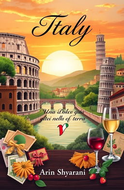 A beautiful book cover design showcasing the essence of Italy, featuring iconic symbols such as the Colosseum, Venice canals, leaning Tower of Pisa, and lush Tuscan landscapes