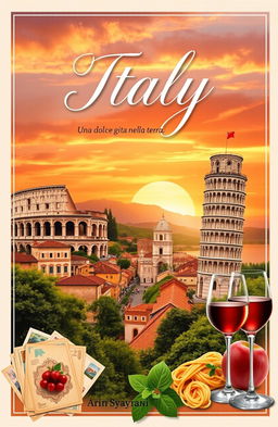 A beautiful book cover design showcasing the essence of Italy, featuring iconic symbols such as the Colosseum, Venice canals, leaning Tower of Pisa, and lush Tuscan landscapes