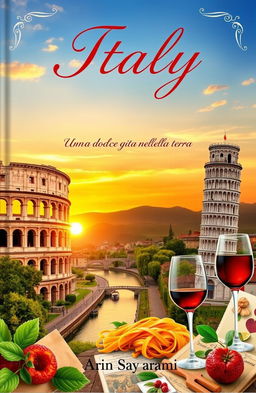 A beautiful book cover design showcasing the essence of Italy, featuring iconic symbols such as the Colosseum, Venice canals, leaning Tower of Pisa, and lush Tuscan landscapes