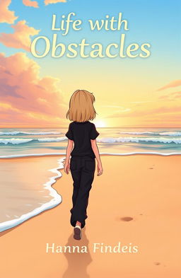 A book cover titled 'Life with Obstacles', featuring a cartoon-style illustration of a thin girl with shoulder-length blonde hair and blue-gray eyes, seen from behind as she walks on a beautiful sandy beach