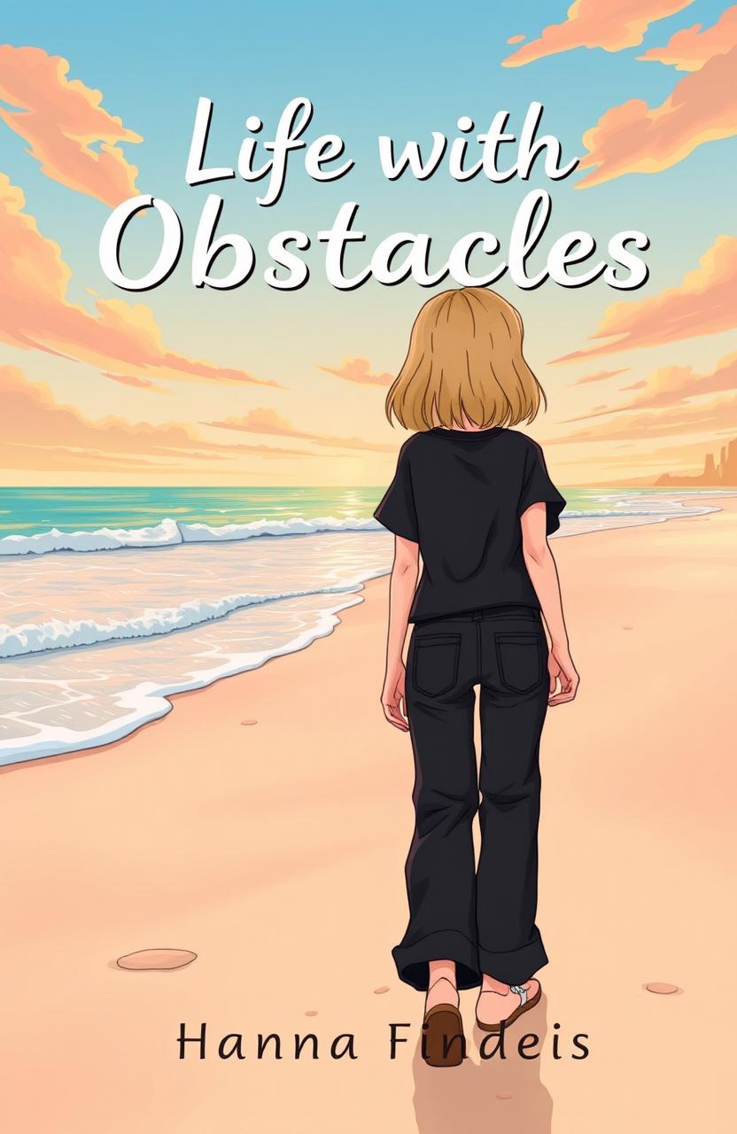 A book cover titled 'Life with Obstacles', featuring a cartoon-style illustration of a thin girl with shoulder-length blonde hair and blue-gray eyes, seen from behind as she walks on a beautiful sandy beach