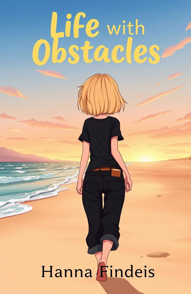 A book cover titled 'Life with Obstacles', featuring a cartoon-style illustration of a thin girl with shoulder-length blonde hair and blue-gray eyes, seen from behind as she walks on a beautiful sandy beach