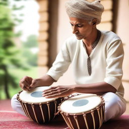 A skilled man engrossed in playing a tabla, an Indian percussion instrument, in a serene setup.