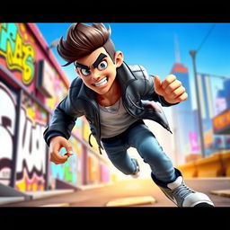 A dynamic and vibrant 3D animated character of a man, showcasing a muscular build with a modern and stylish outfit featuring a sleek jacket, trendy sneakers, and casual jeans