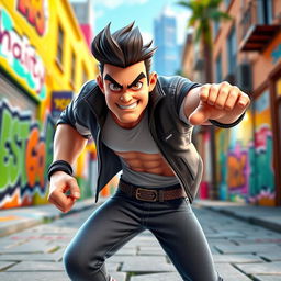 A dynamic and vibrant 3D animated character of a man, showcasing a muscular build with a modern and stylish outfit featuring a sleek jacket, trendy sneakers, and casual jeans