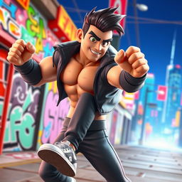 A dynamic and vibrant 3D animated character of a man, showcasing a muscular build with a modern and stylish outfit featuring a sleek jacket, trendy sneakers, and casual jeans