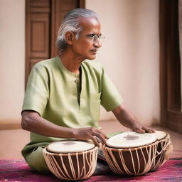 A skilled man engrossed in playing a tabla, an Indian percussion instrument, in a serene setup.