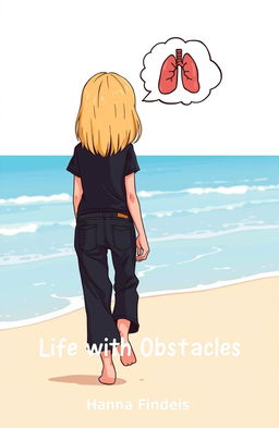 A cartoon-style book cover for the title 'Life with Obstacles', featuring a thin girl with shoulder-length blonde hair and blue-gray eyes, seen from behind as she walks along a beach