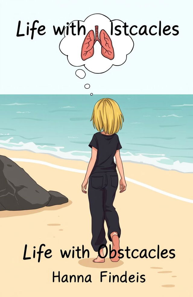 A cartoon-style book cover for the title 'Life with Obstacles', featuring a thin girl with shoulder-length blonde hair and blue-gray eyes, seen from behind as she walks along a beach