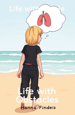 A cartoon-style book cover for the title 'Life with Obstacles', featuring a thin girl with shoulder-length blonde hair and blue-gray eyes, seen from behind as she walks along a beach