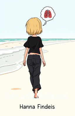 A cartoon-style book cover for the title 'Life with Obstacles', featuring a thin girl with shoulder-length blonde hair and blue-gray eyes, seen from behind as she walks along a beach