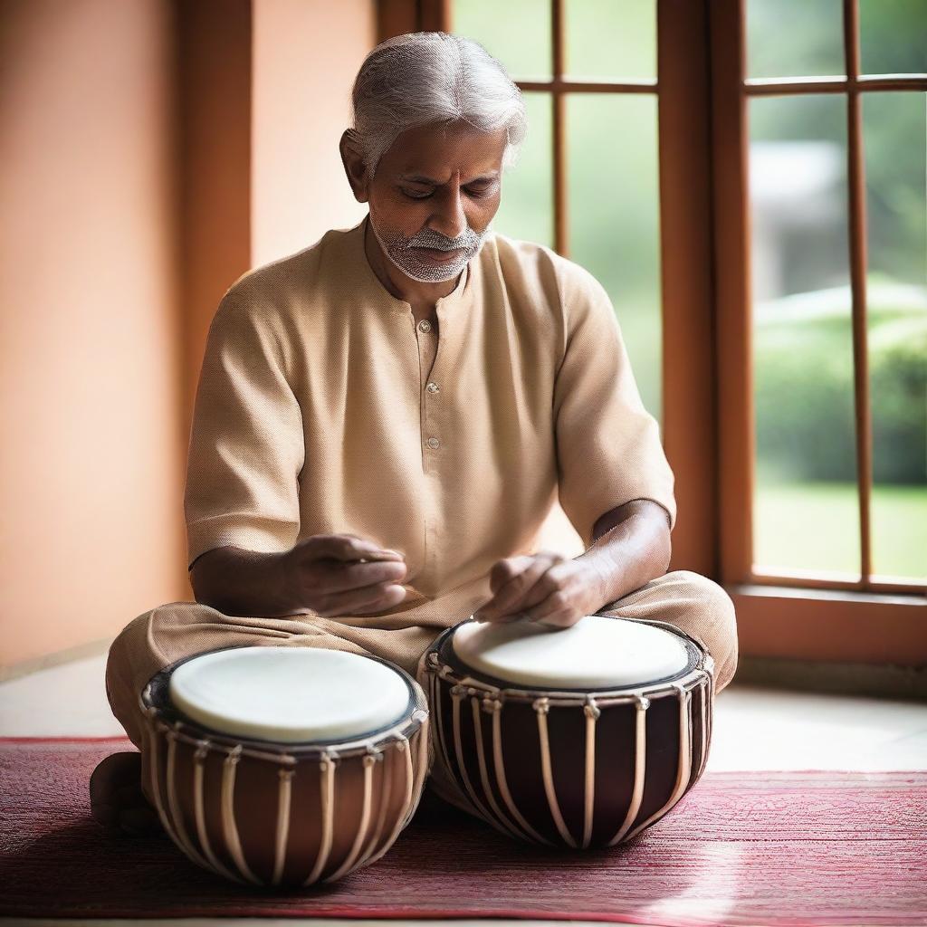 A skilled man engrossed in playing a tabla, an Indian percussion instrument, in a serene setup.