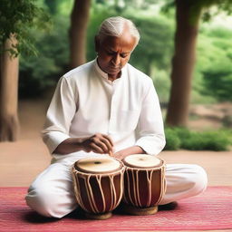 A skilled man engrossed in playing a tabla, an Indian percussion instrument, in a serene setup.