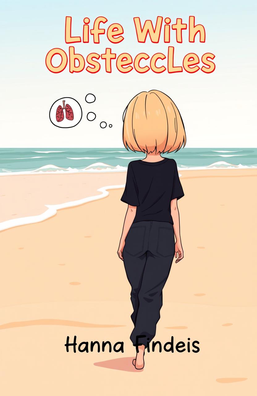 A cartoon style book cover featuring a girl with shoulder-length blonde hair and blue-gray eyes, seen from behind as she walks along a beach