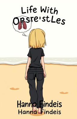 A cartoon style book cover featuring a girl with shoulder-length blonde hair and blue-gray eyes, seen from behind as she walks along a beach