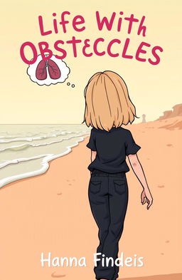 A cartoon style book cover featuring a girl with shoulder-length blonde hair and blue-gray eyes, seen from behind as she walks along a beach