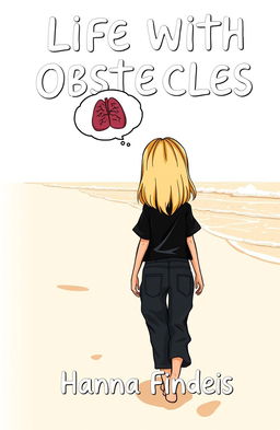 A cartoon style book cover featuring a girl with shoulder-length blonde hair and blue-gray eyes, seen from behind as she walks along a beach