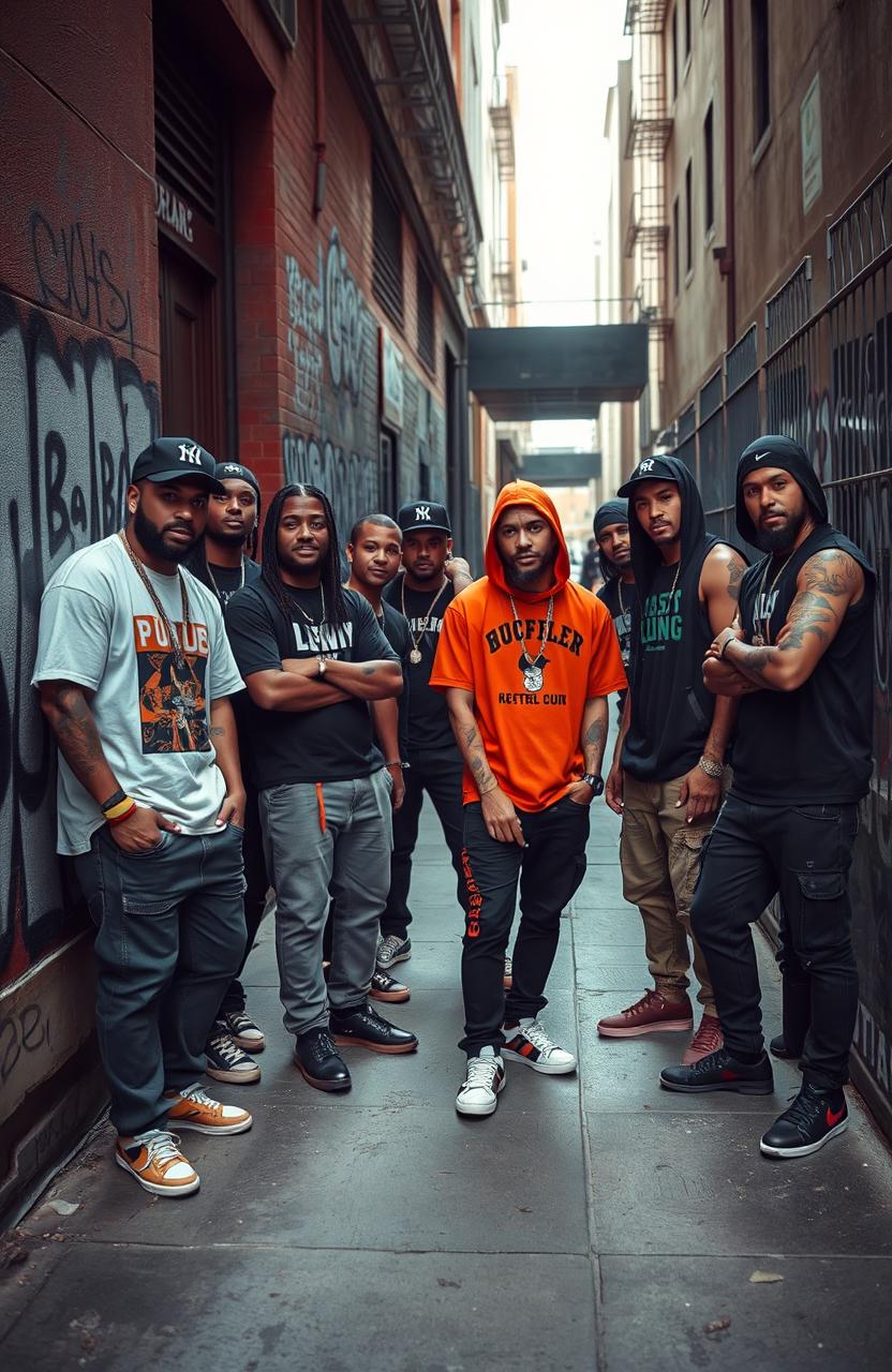 A dynamic street scene featuring a diverse group of gang members, styled in urban streetwear, standing confidently on a gritty city sidewalk