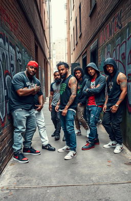 A dynamic street scene featuring a diverse group of gang members, styled in urban streetwear, standing confidently on a gritty city sidewalk