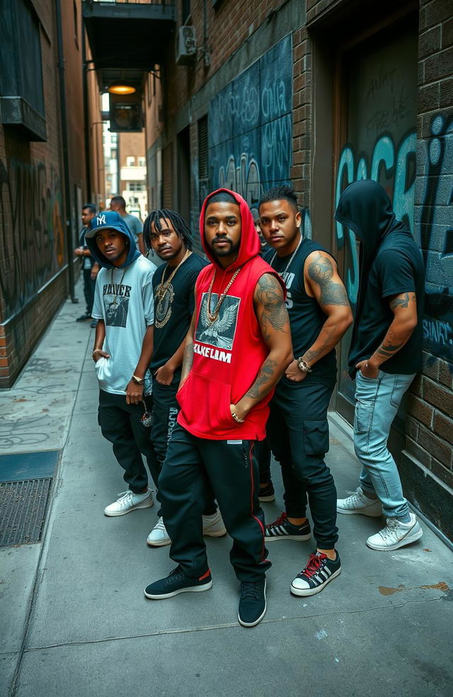 A dynamic street scene featuring a diverse group of gang members, styled in urban streetwear, standing confidently on a gritty city sidewalk