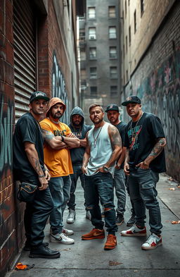 A dynamic street scene featuring a diverse group of gang members, styled in urban streetwear, standing confidently on a gritty city sidewalk