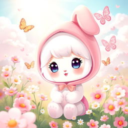 A cute and charming character inspired by the theme of 'My Melody', featuring a sweet bunny girl with a pink hood and white fur