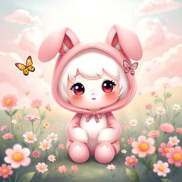 A cute and charming character inspired by the theme of 'My Melody', featuring a sweet bunny girl with a pink hood and white fur