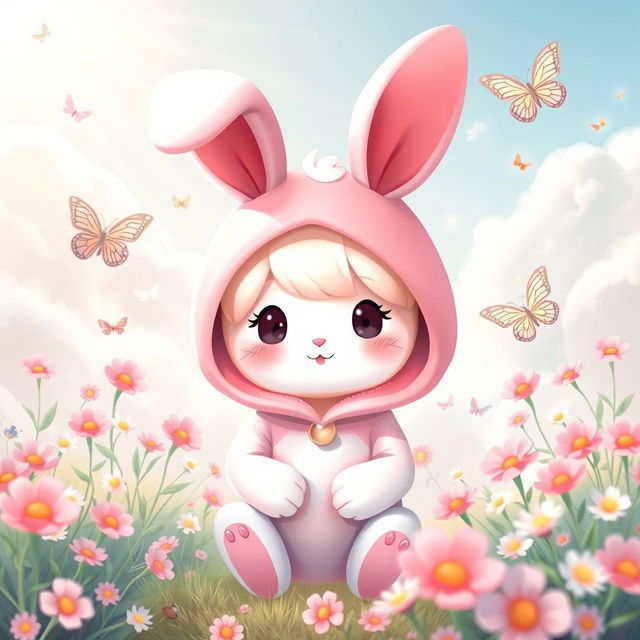 A cute and charming character inspired by the theme of 'My Melody', featuring a sweet bunny girl with a pink hood and white fur