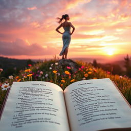 A beautiful, serene landscape where a powerful female figure stands confidently on a hilltop, overlooking a vibrant forest filled with wildflowers, symbolizing strength and empowerment