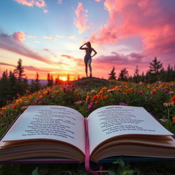 A beautiful, serene landscape where a powerful female figure stands confidently on a hilltop, overlooking a vibrant forest filled with wildflowers, symbolizing strength and empowerment