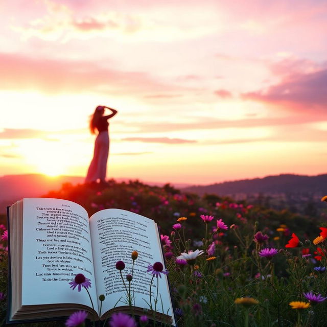 A beautiful, serene landscape where a powerful female figure stands confidently on a hilltop, overlooking a vibrant forest filled with wildflowers, symbolizing strength and empowerment