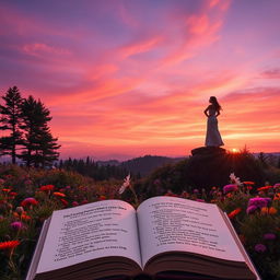 A beautiful, serene landscape where a powerful female figure stands confidently on a hilltop, overlooking a vibrant forest filled with wildflowers, symbolizing strength and empowerment