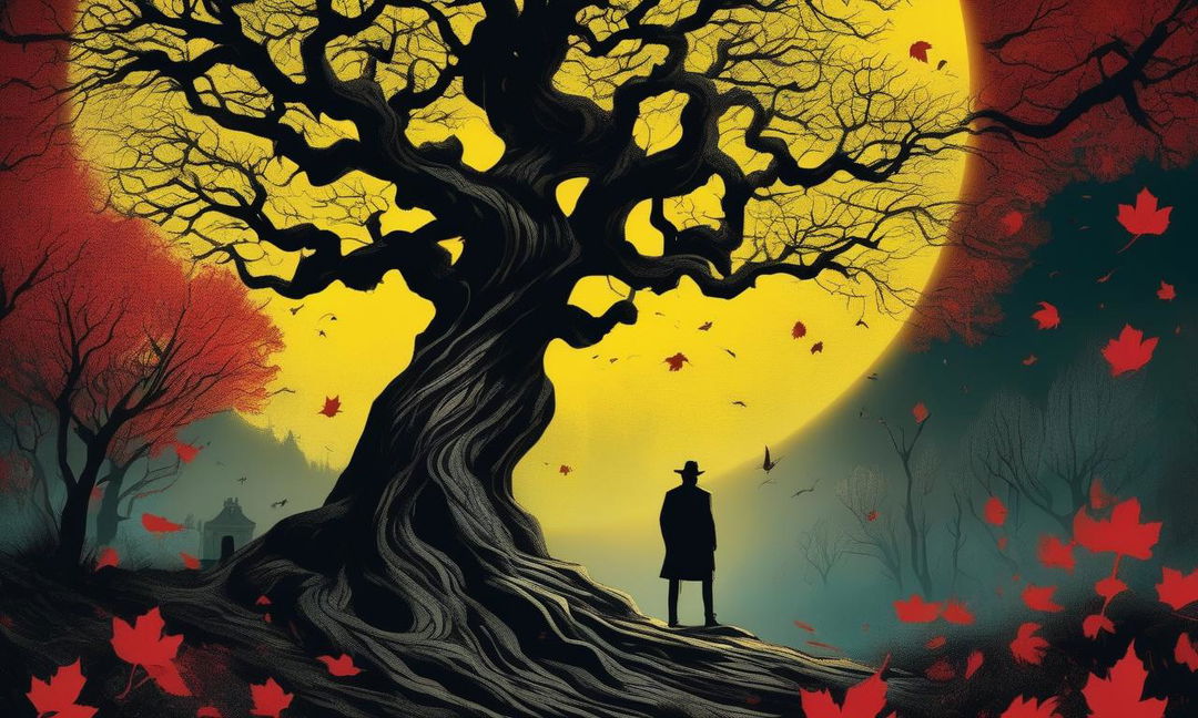 A horrifying book cover featuring a gnarled tree with blood-red leaves under a sickly yellow moonlight