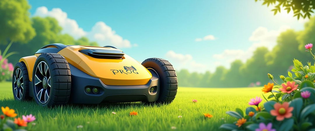 A dynamic illustration of a golden and black robotic lawn mower trimming grass in a lush garden setting