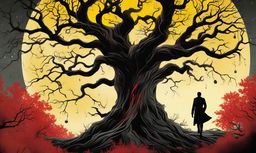 A horrifying book cover featuring a gnarled tree with blood-red leaves under a sickly yellow moonlight