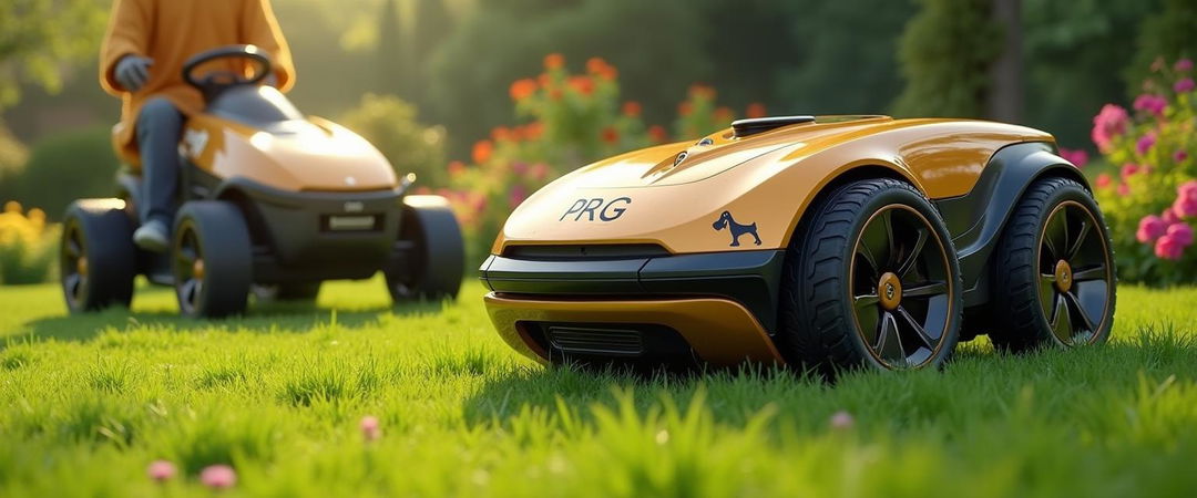 A dynamic scene featuring a robotic lawn mower in a sleek design of gold and black, actively trimming grass in a vibrant garden setting