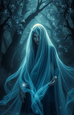 A mystical, dramatic scene depicting a figure draped in a flowing, translucent veil made of ethereal fabric that glows with a faint luminescence
