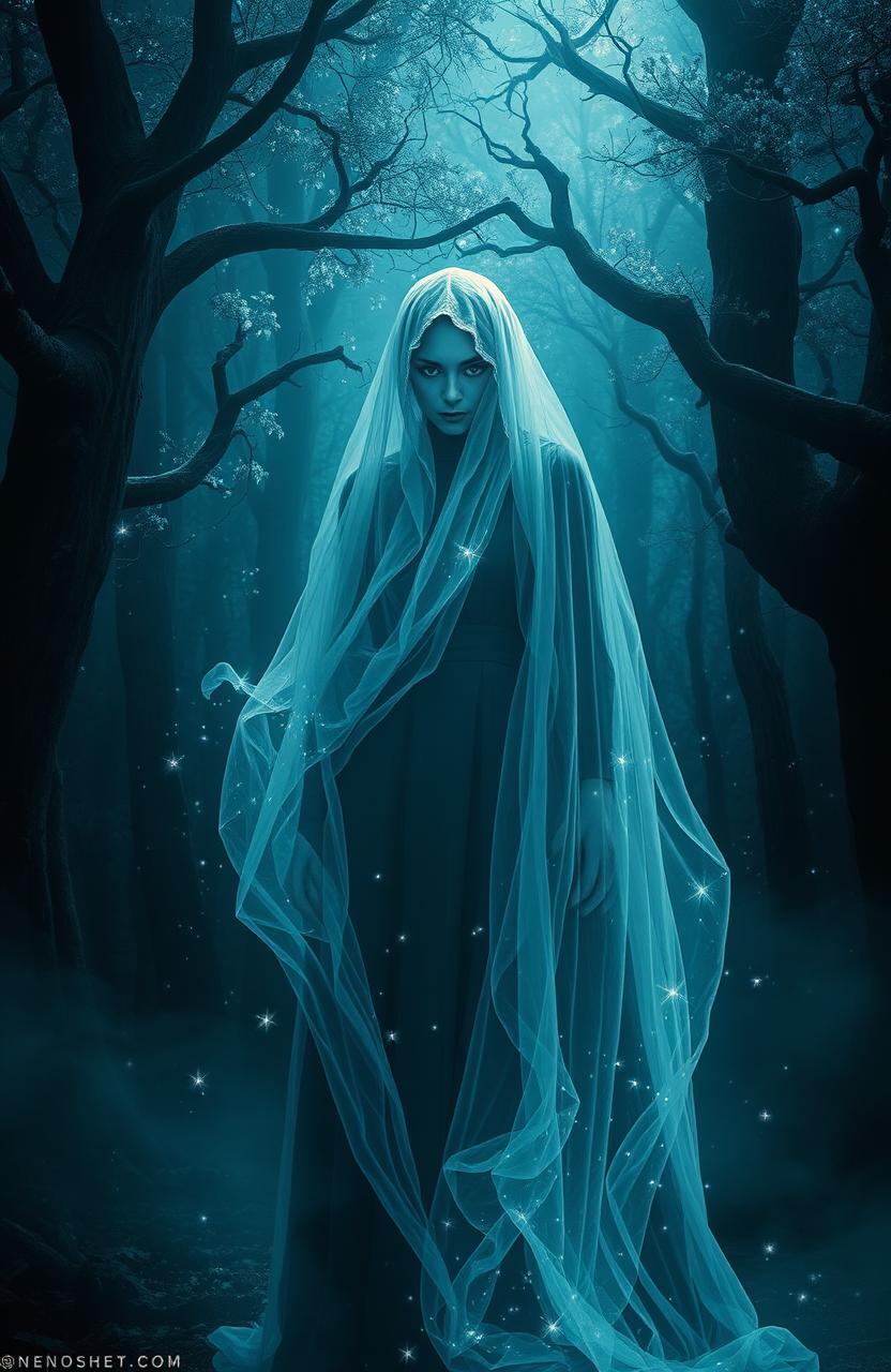 A mystical, dramatic scene depicting a figure draped in a flowing, translucent veil made of ethereal fabric that glows with a faint luminescence