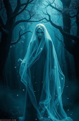 A mystical, dramatic scene depicting a figure draped in a flowing, translucent veil made of ethereal fabric that glows with a faint luminescence