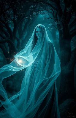 A mystical, dramatic scene depicting a figure draped in a flowing, translucent veil made of ethereal fabric that glows with a faint luminescence